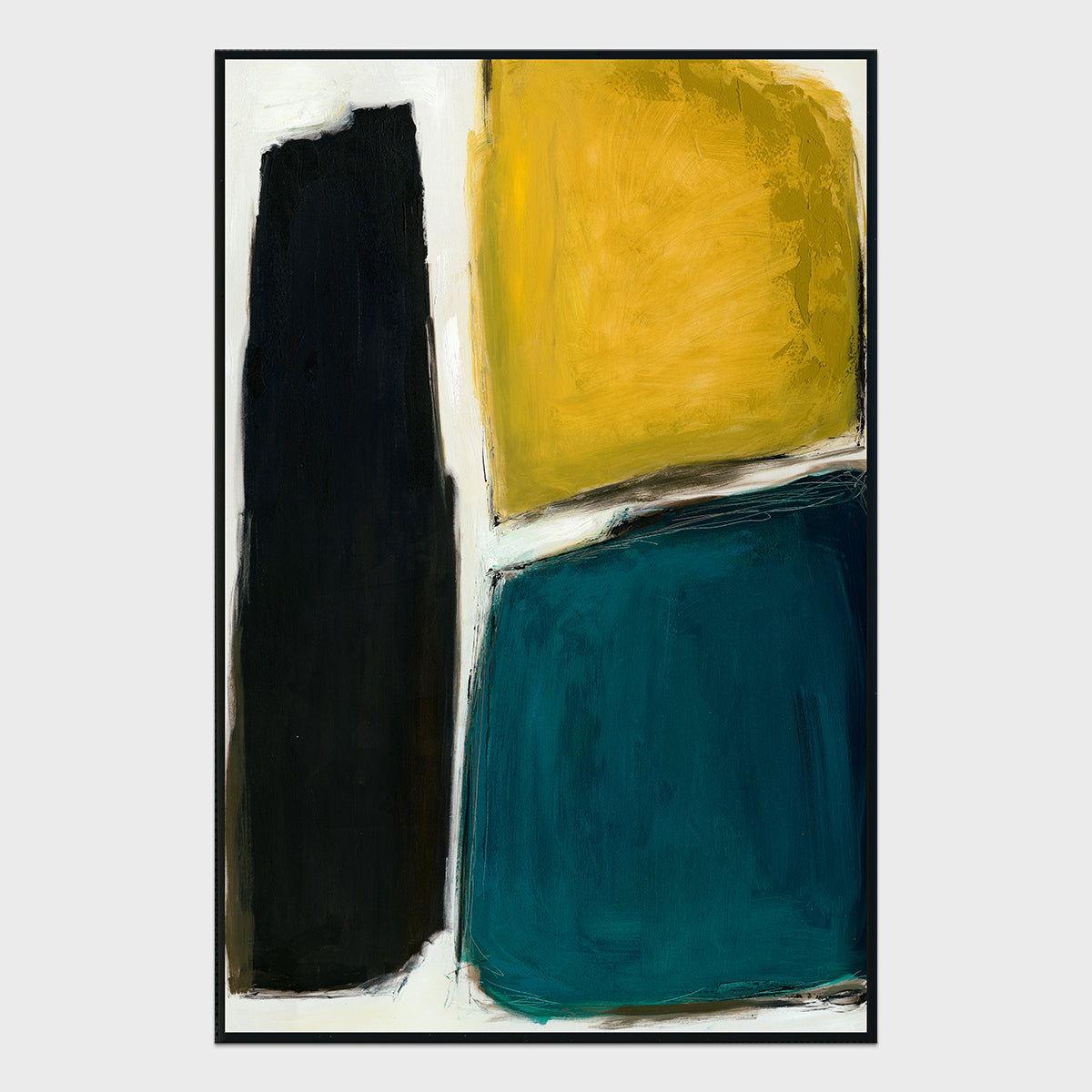 Framed abstract painting with yellow upper blocks and blue lower blocks, black accents