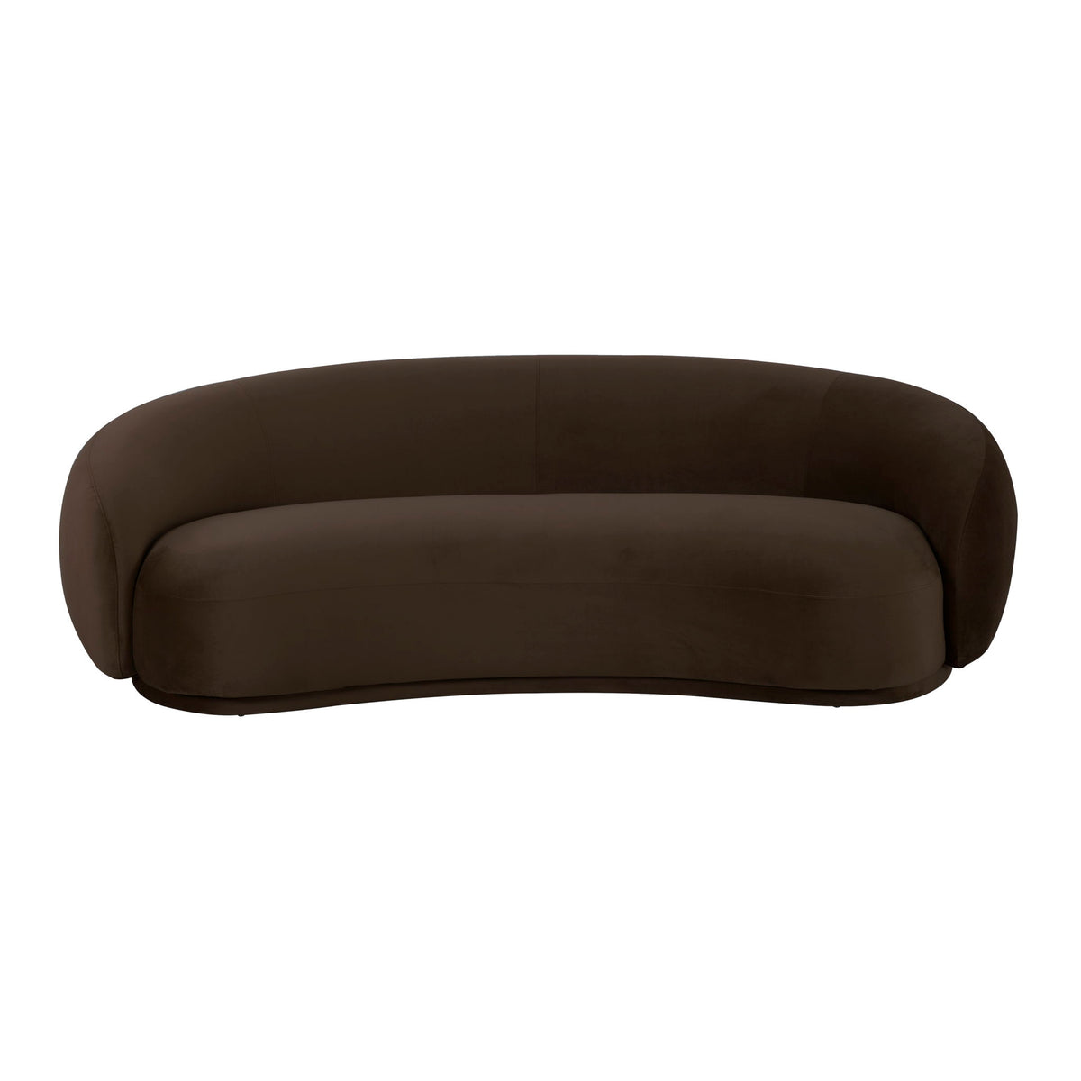 Dark brown velvet sofa, low profile with rounded back and smooth seat