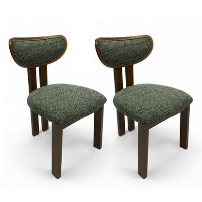 Pair of dark green upholstered dining chairs with curved backs and dark wood frames
