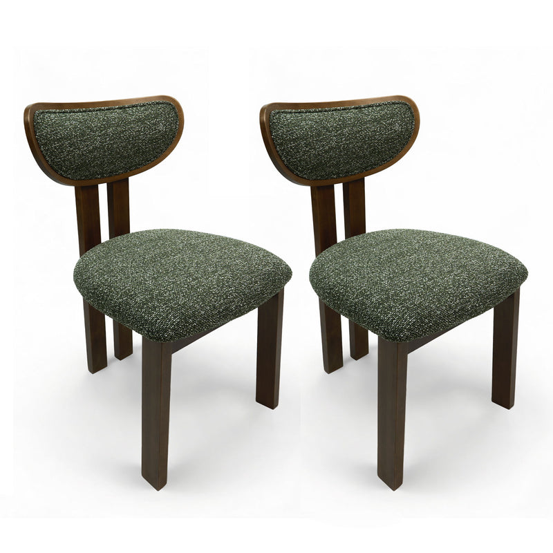 Pair of dark green upholstered dining chairs with curved backs and dark wood frames