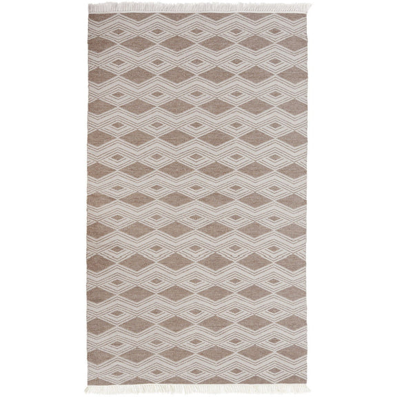 Rectangular indoor/outdoor rug in beige with taupe chevron diamond pattern and fringe
