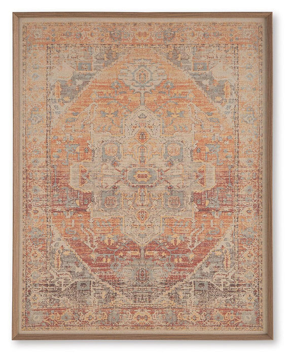 Framed wall art with symmetrical geometric medallion pattern in red, orange, and blue