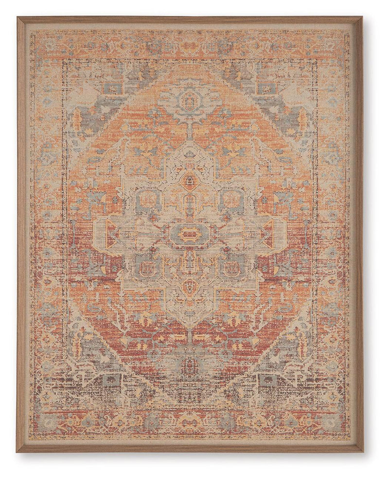 Framed wall art with symmetrical geometric medallion pattern in red, orange, and blue