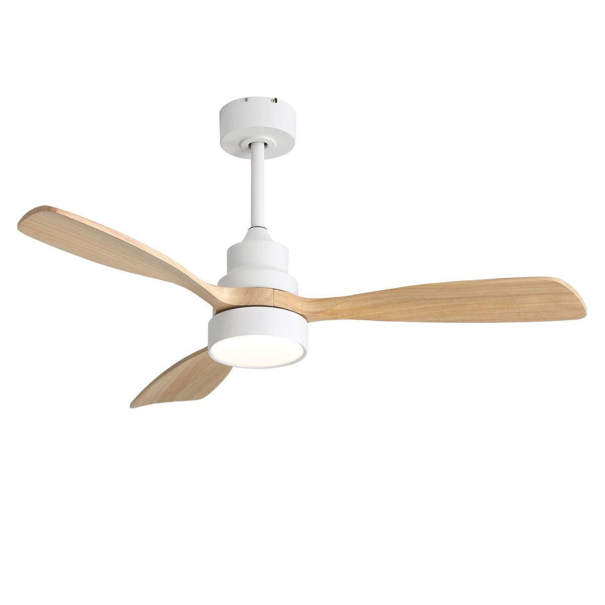 Ceiling fan with LED light, white housing, and three light wood blades