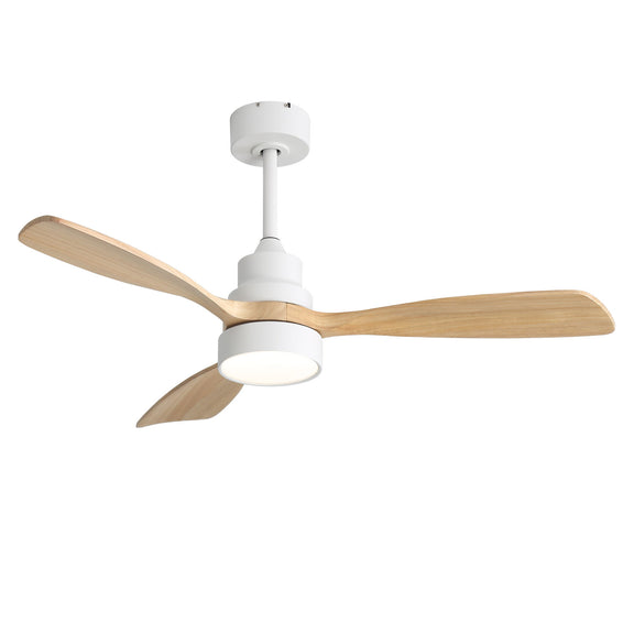 Ceiling fan with LED light, white housing, and three light wood blades
