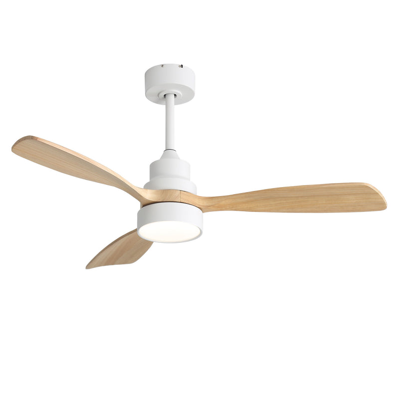 Ceiling fan with LED light, white housing, and three light wood blades