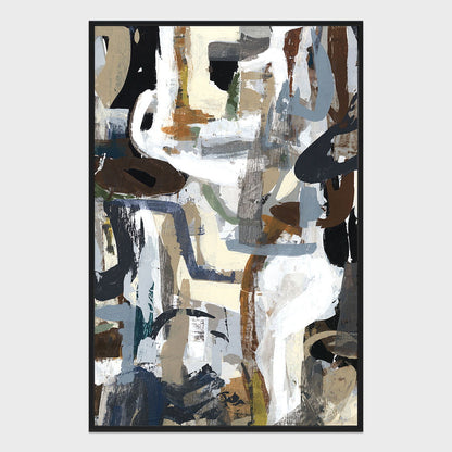 Framed abstract painting with layered black-and-white brushstrokes and blue accents