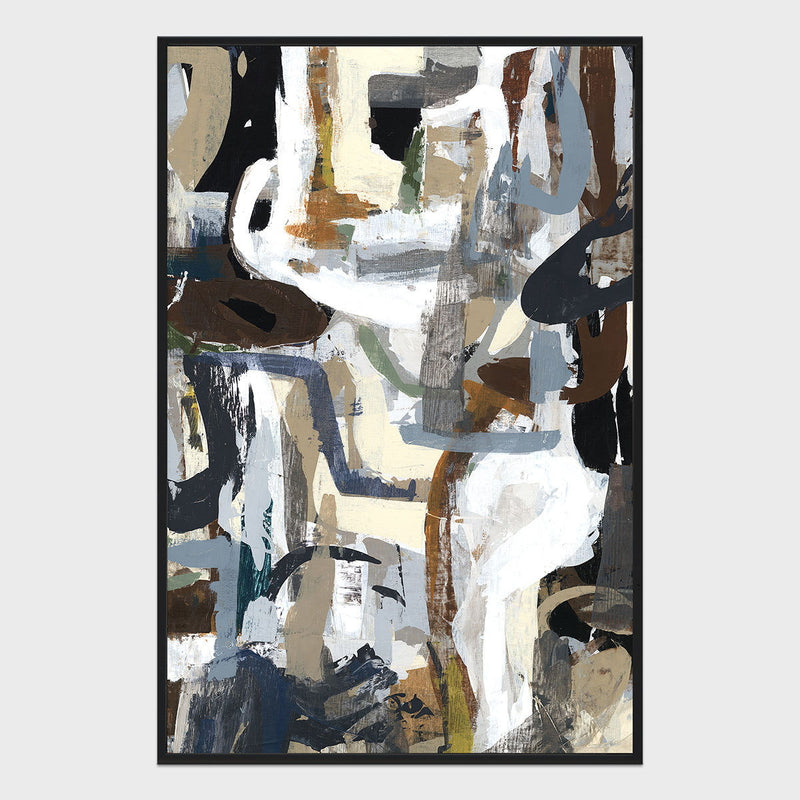 Framed abstract painting with layered black-and-white brushstrokes and blue accents