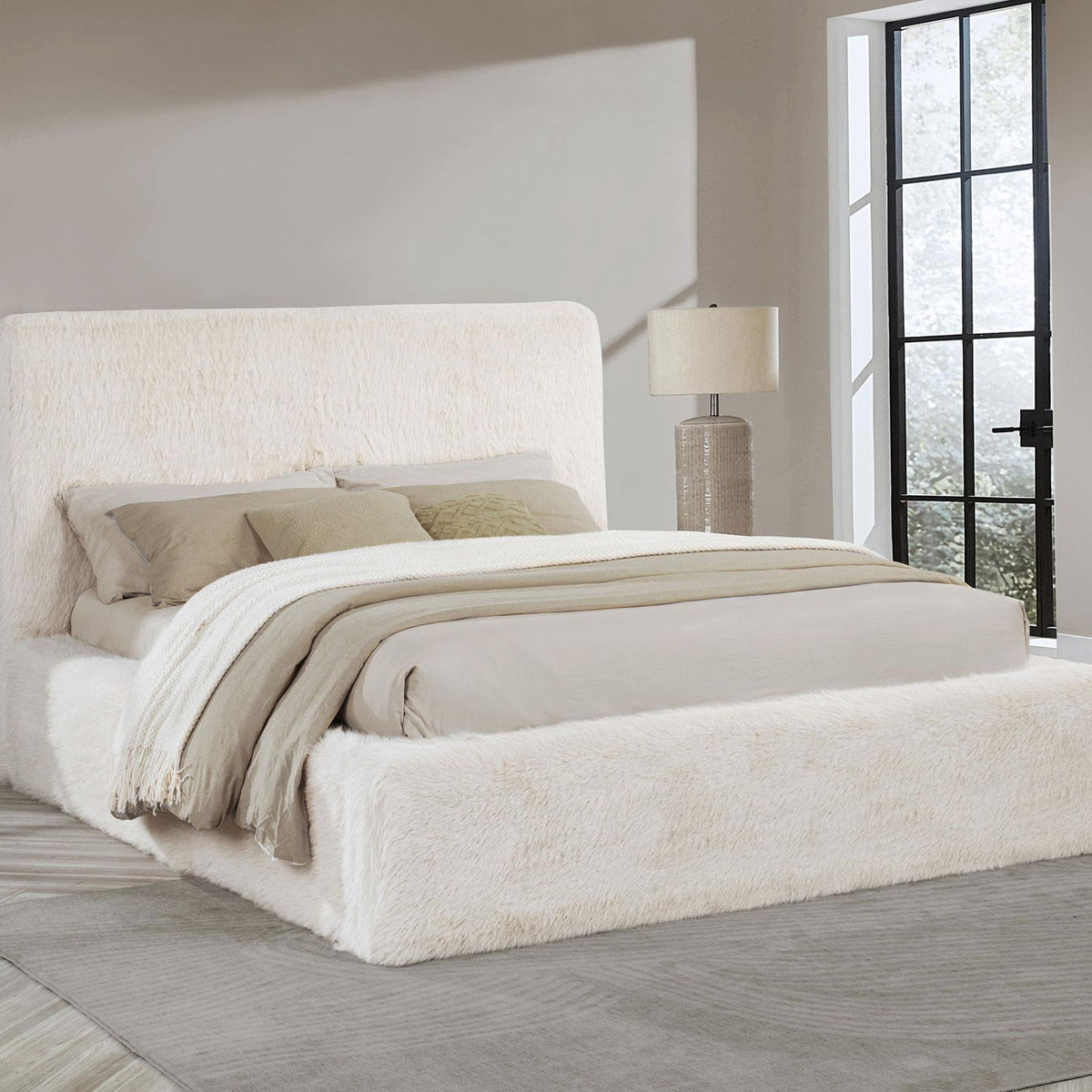 Rebecca Faux Fur Upholstered Eastern King Bed Cream