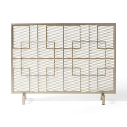 Pearl silver single-panel iron fire screen with geometric lattice pattern, freestanding legs