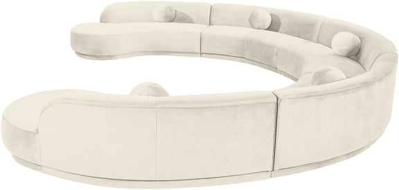 Beige performance velvet sectional sofa with rounded arms and tufted back cushions