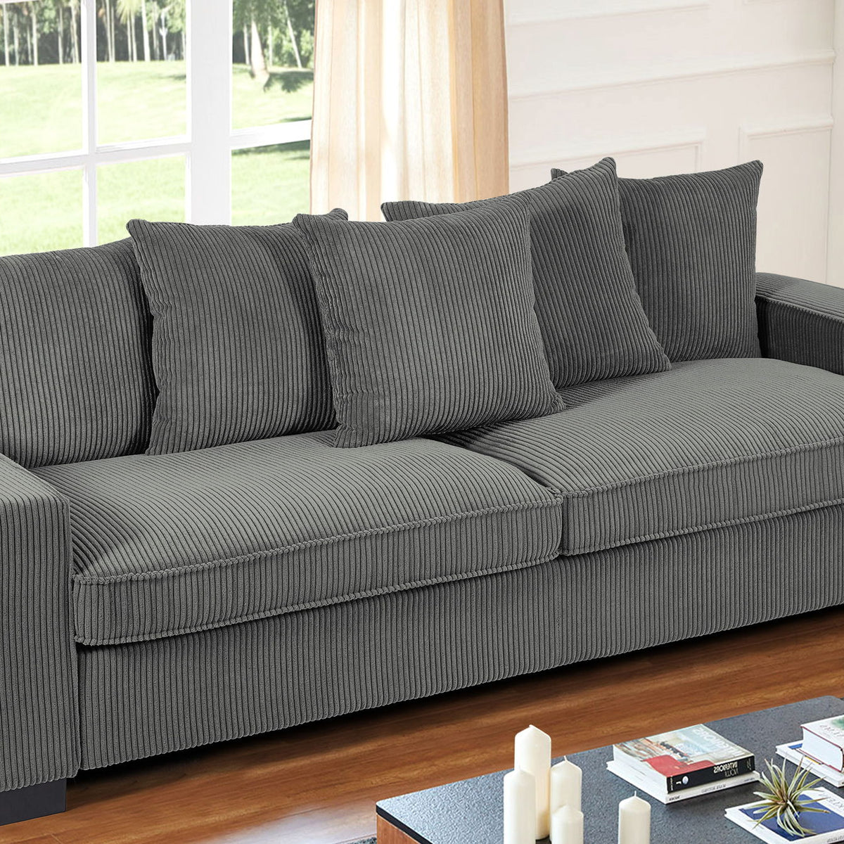 Luxe Corduroy Sofa With 5 Matching Toss Pillows, Sleek Design, Spacious And Comfortable 3 Seater Couch