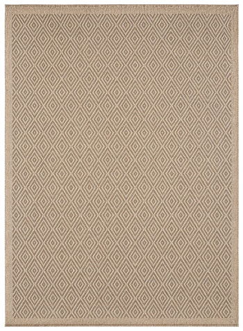 Light brown indoor/outdoor rug with repeating diamond lattice pattern