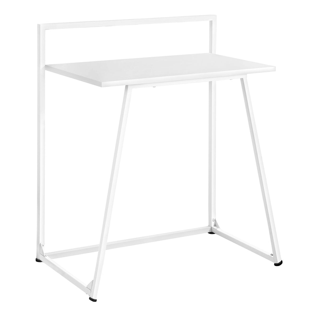 White computer desk with rectangular top and angled metal legs, open frame.