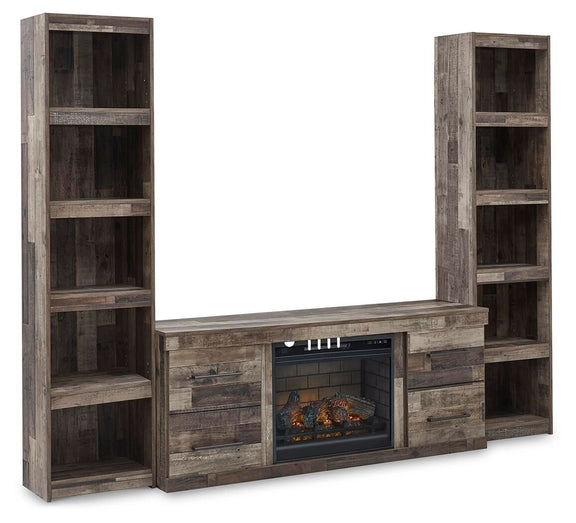 Dark gray entertainment center with electric fireplace insert and open shelves
