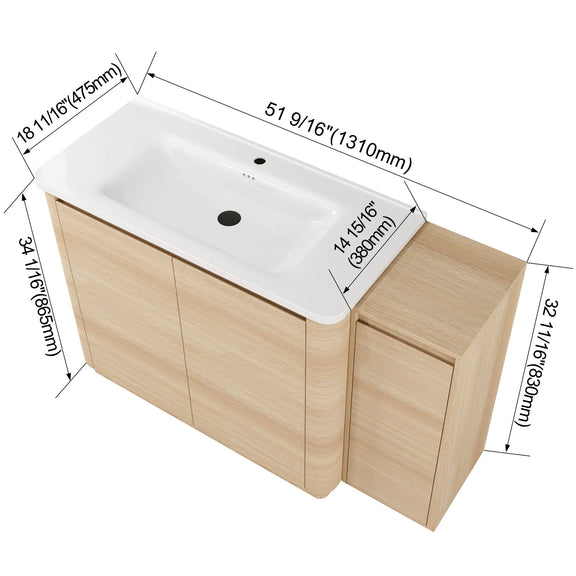 Light wood bathroom vanity with white sink, side cabinet, and dimension lines shown