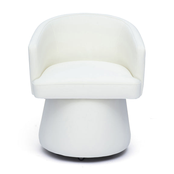White faux leather desk chair with rounded back, cushioned seat, and swivel base