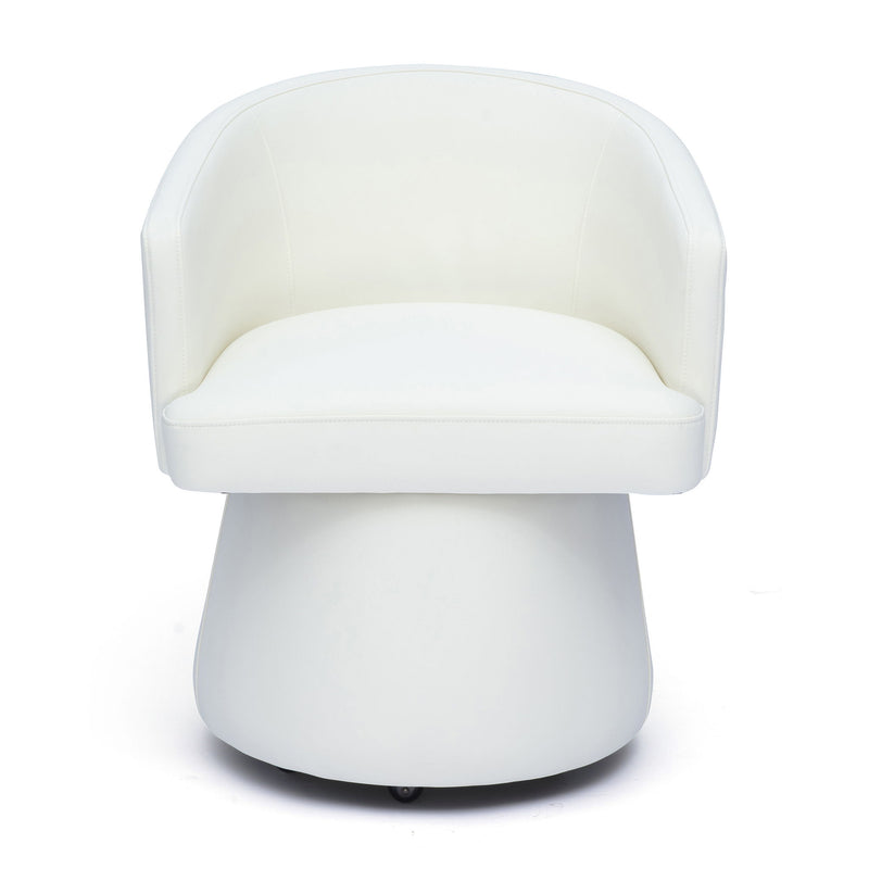 White faux leather desk chair with rounded back, cushioned seat, and swivel base