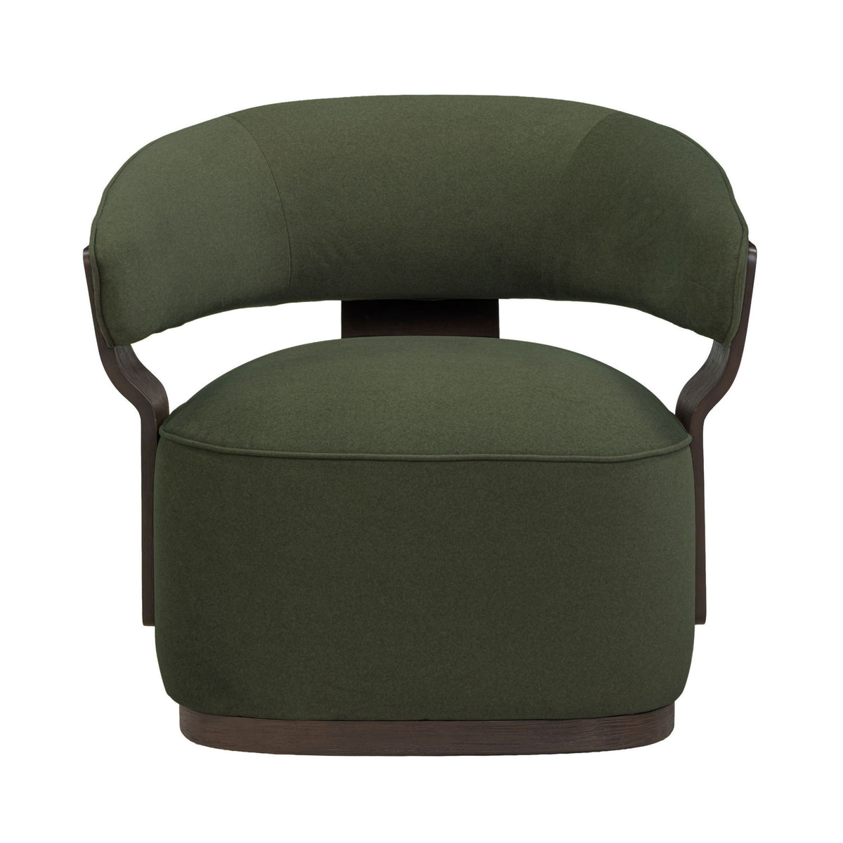 Swivel accent chair in dark green fabric with curved arms and dark wood base