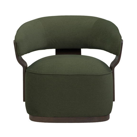 Swivel accent chair in dark green fabric with curved arms and dark wood base
