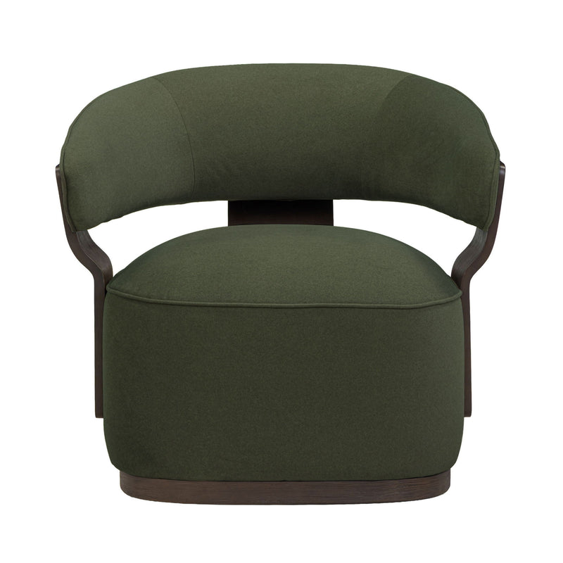 Swivel accent chair in dark green fabric with curved arms and dark wood base