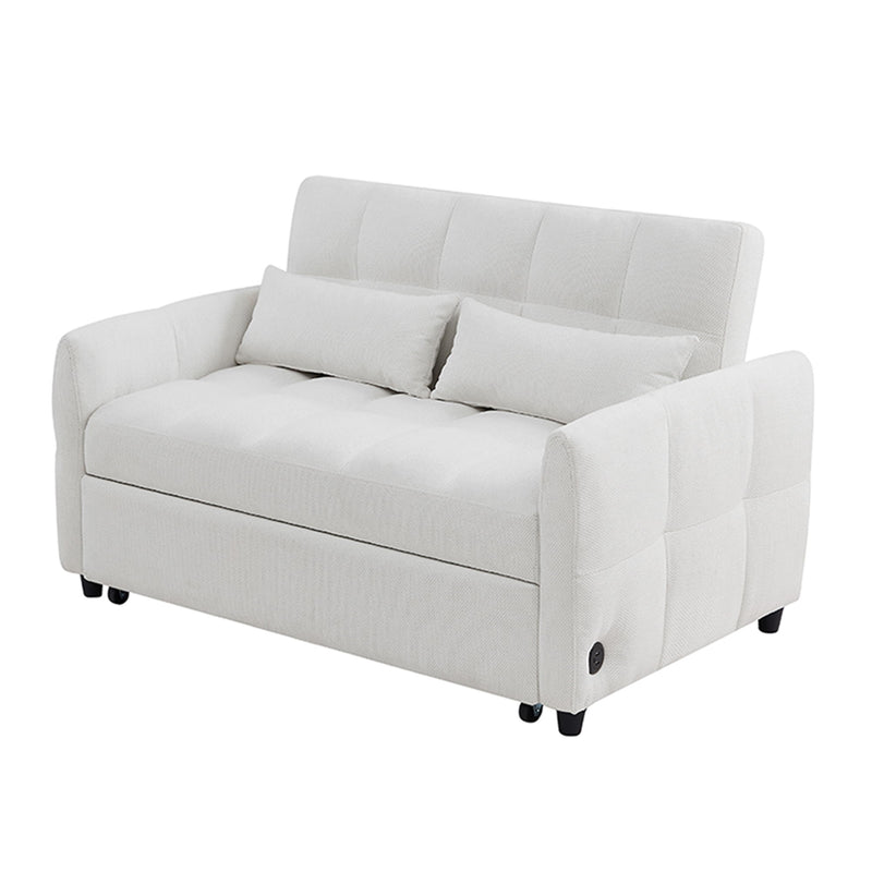 Light beige loveseat sofa pull-out bed with padded armrests and backrest pillows