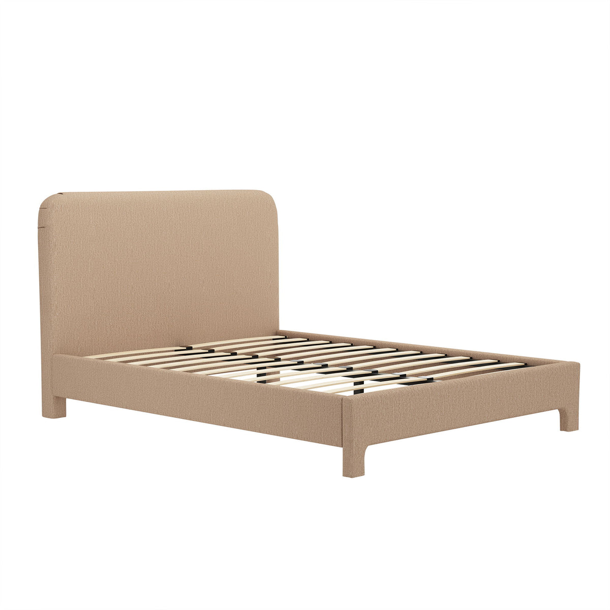 Light brown upholstered bed frame with rounded headboard and exposed slat platform