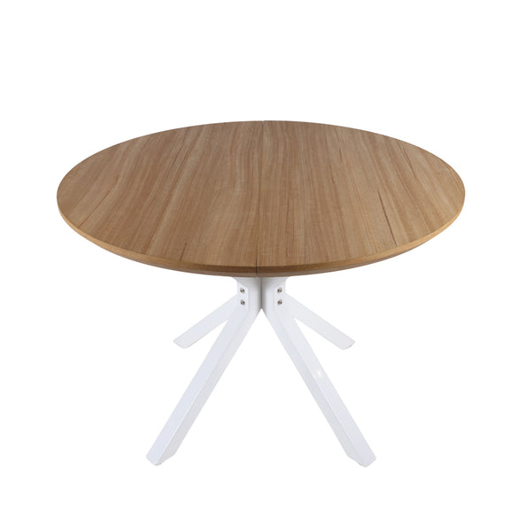 Round pedestal table with light oak-look tabletop and white tripod base