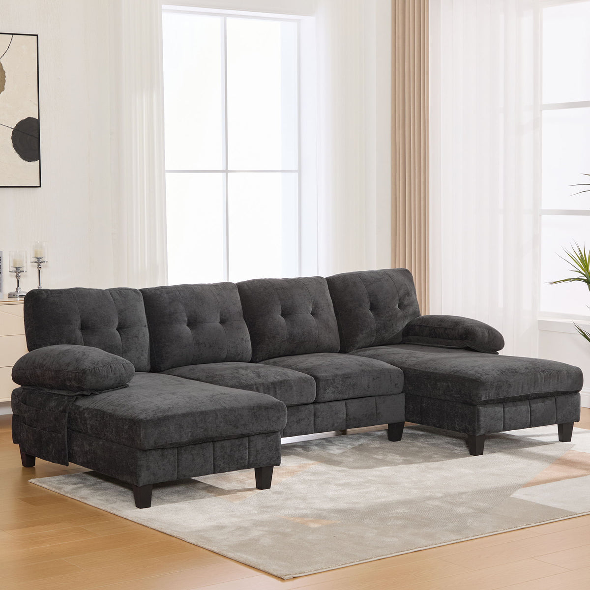 U-Shaped Sectional Sofa 103.5" Black Chenille Fabric Couch With Dual Chaise Lounges, Storage Pockets, Armrest Pillows