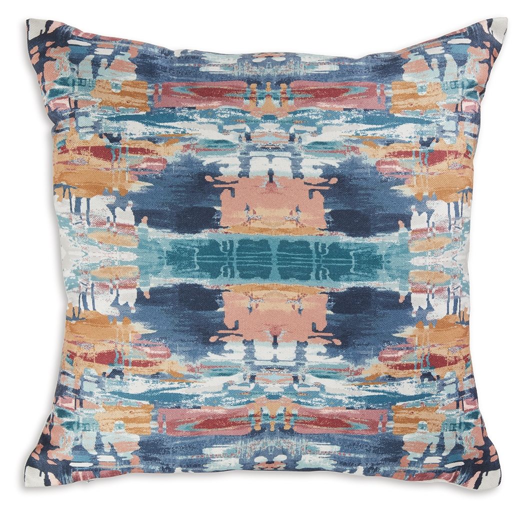 Square decorative pillow with multicolor abstract brush pattern in blue, orange, and navy