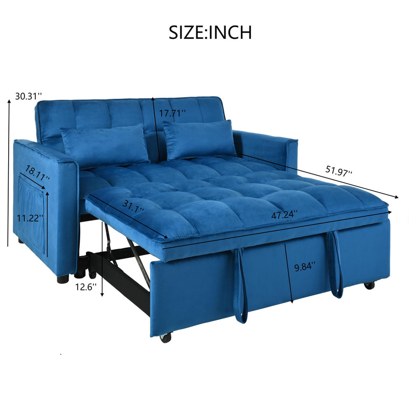 Blue convertible sofa bed with tufted cushions and pull-out bed, shown with size markers