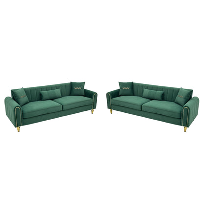 Two-piece sofa set with two dark green three-seat sofas, channel-tufted backs and gold-tone legs
