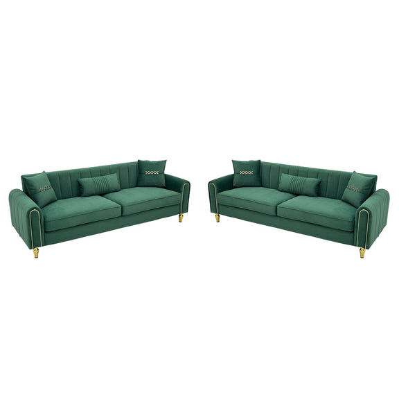 Two-piece sofa set with two dark green three-seat sofas, channel-tufted backs and gold-tone legs