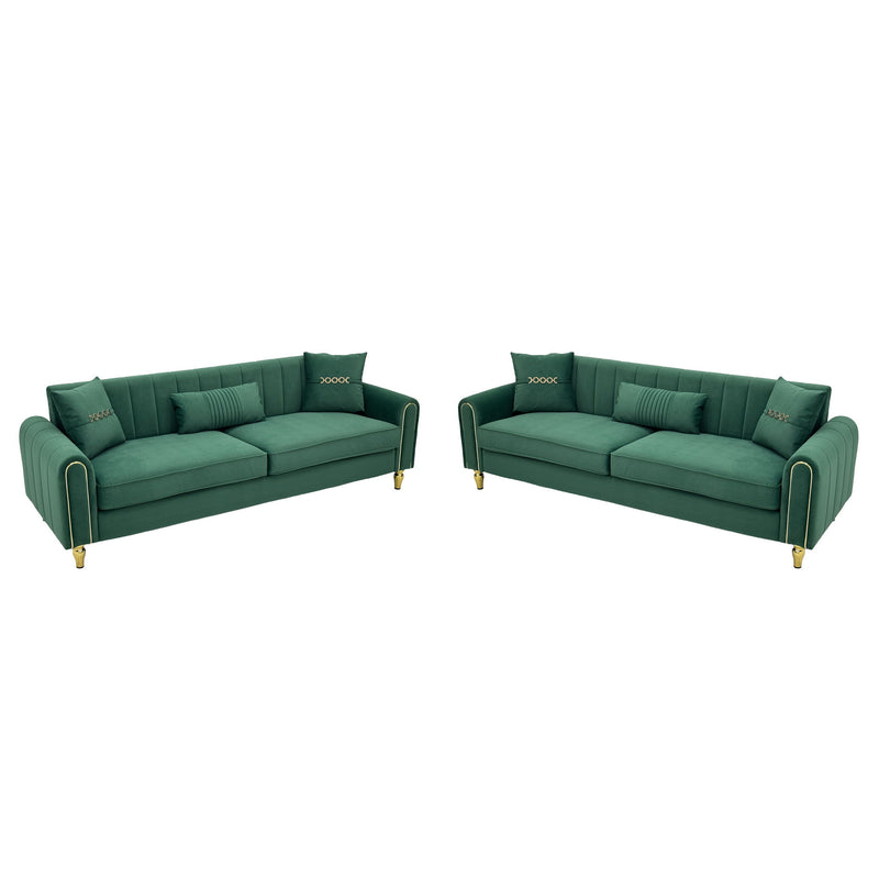 Two-piece sofa set with two dark green three-seat sofas, channel-tufted backs and gold-tone legs