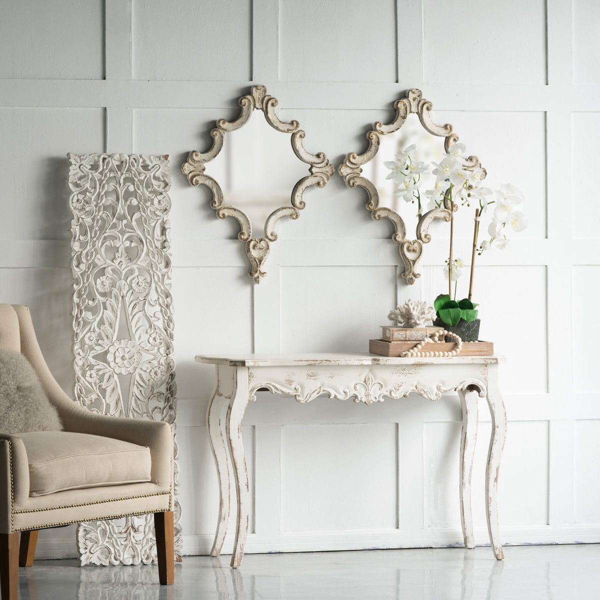 Artistic Diamond Scrollwork Mirror, Home Accent Mirror For Living Room, Entryway, Bedroom, Office - Antique White