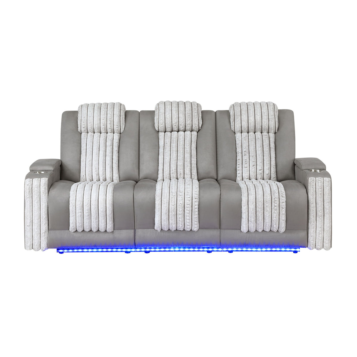 Power reclining sofa with power headrests, light gray upholstery and ribbed back cushions