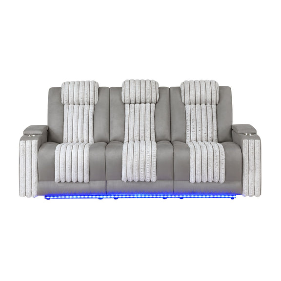 Power reclining sofa with power headrests, light gray upholstery and ribbed back cushions