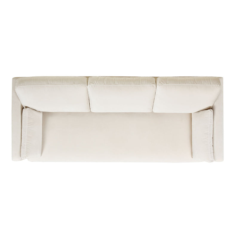 Modern farmhouse sofa in beige fabric with three back cushions and wooden legs.