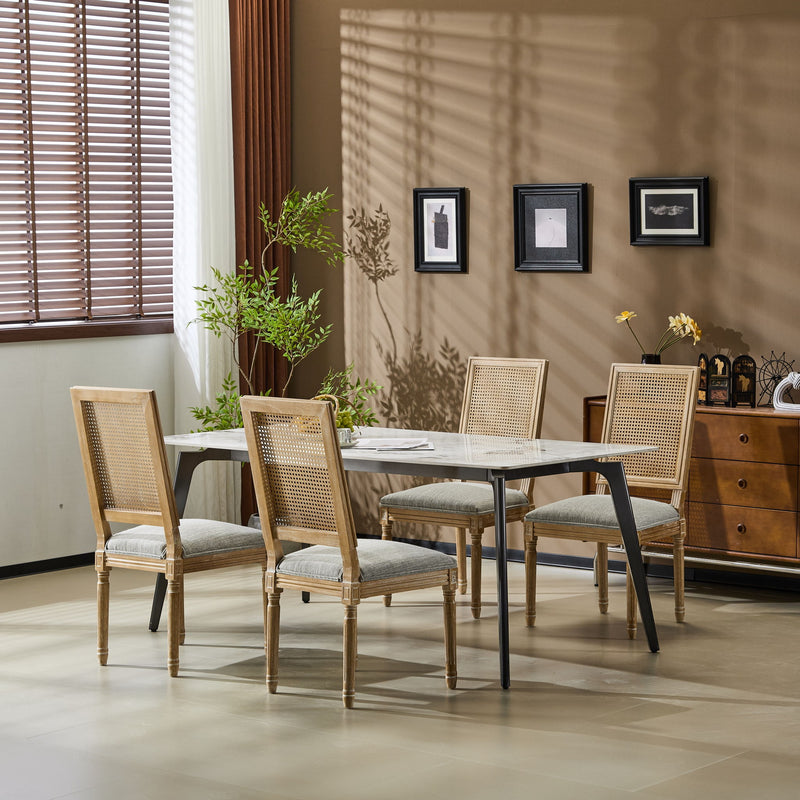 French Country Dining Chair With Rectangular Cane Backrest And Smooth Upholstered Seating