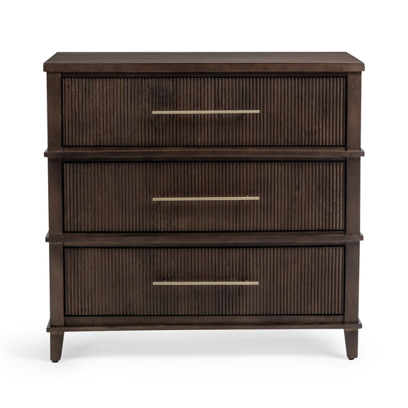3-drawer chest with ribbed drawer faces, three bar pulls, and tapered legs