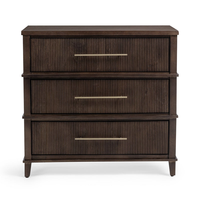 3-drawer chest with ribbed drawer faces, three bar pulls, and tapered legs