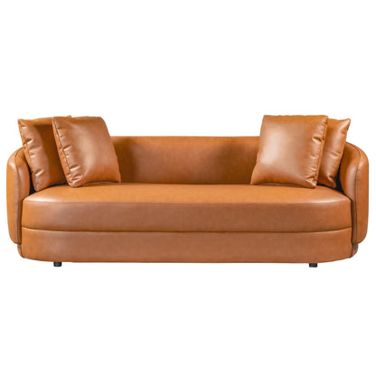 Light brown sofa with two back cushions, rounded arms, and low legs