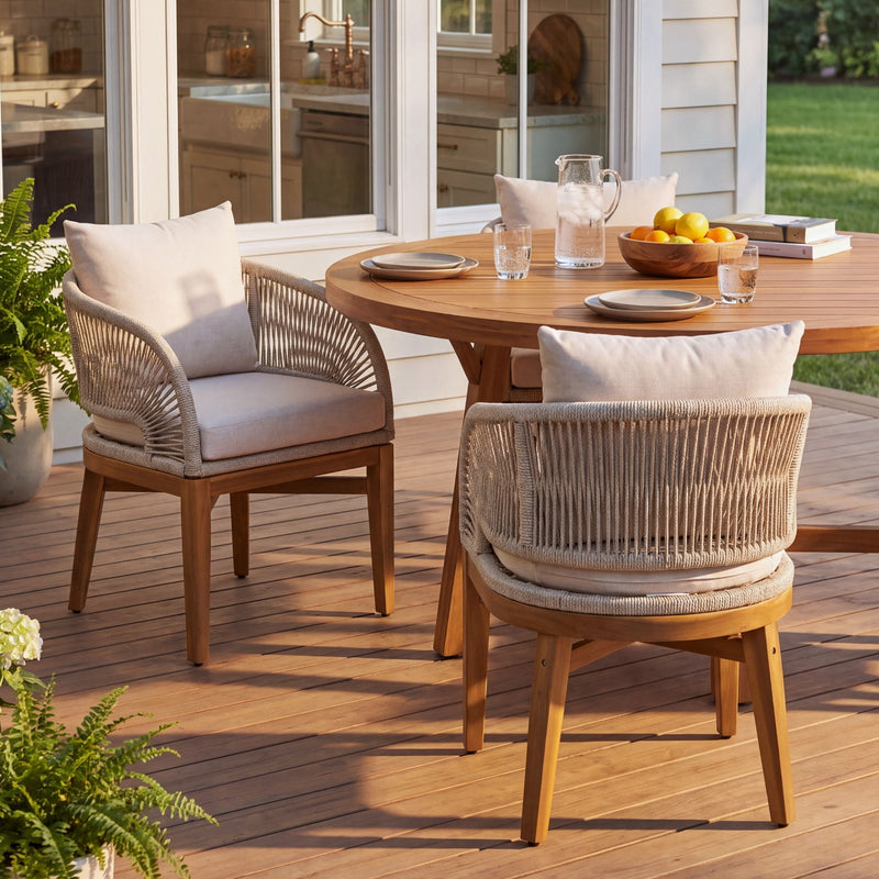 Outdoor dining chair with beige woven back and arms, white seat cushion, light wood frame
