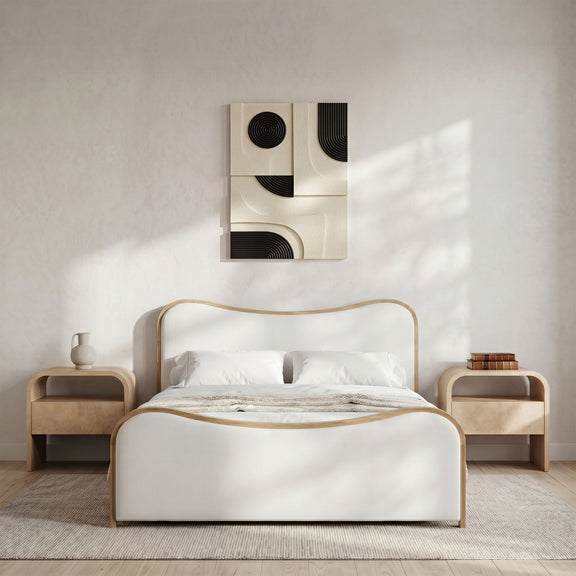 Mango wood wall decor panel with black spiral and arc inlays mounted on wall