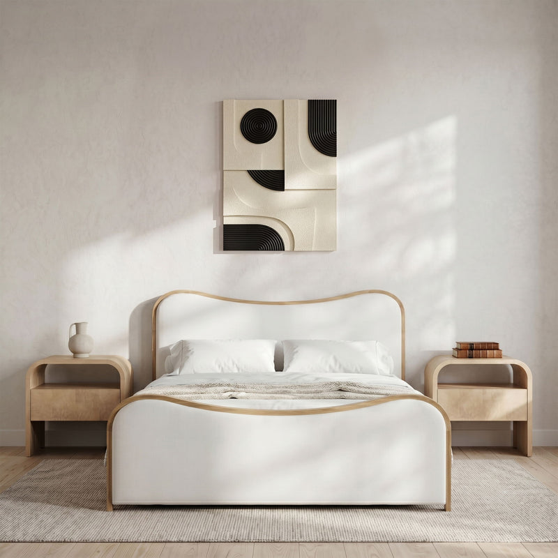 Mango wood wall decor panel with black spiral and arc inlays mounted on wall