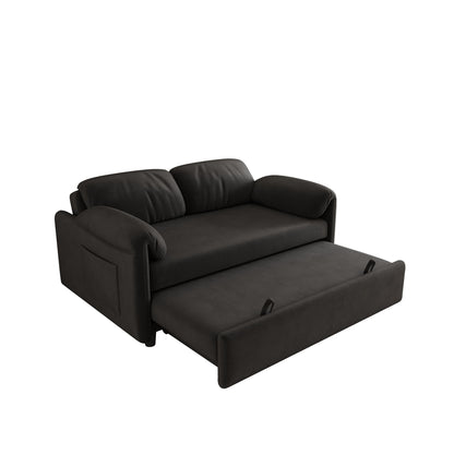 Black sofa bed with padded arms, backrest cushions, and pull-out mattress base
