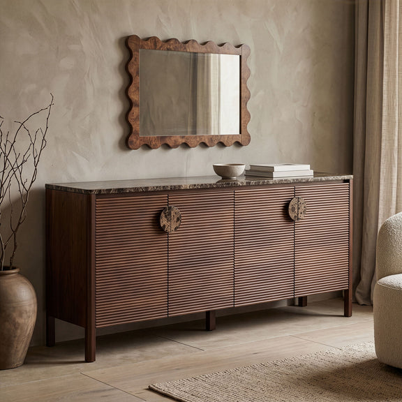 Varenna acacia wood sideboard, dark brown, 4-door cabinet with ornate center handles