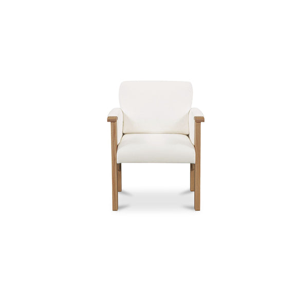 Cream cushioned dining chair with light wood frame, arms, and square backrest