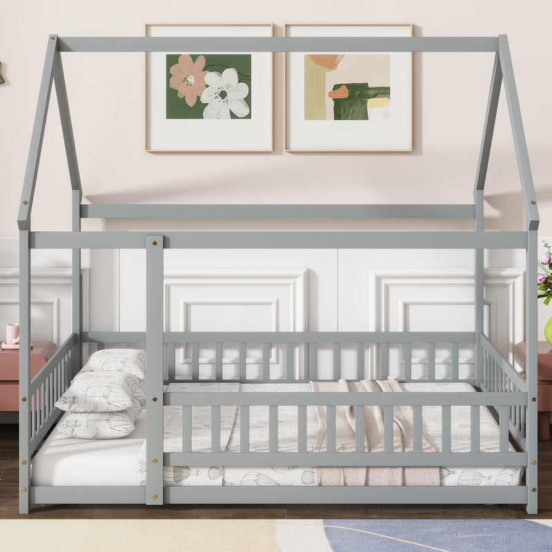 Full Size House Floor Wooden Bed with Roof Frame, Safety Guardrails, Grey
