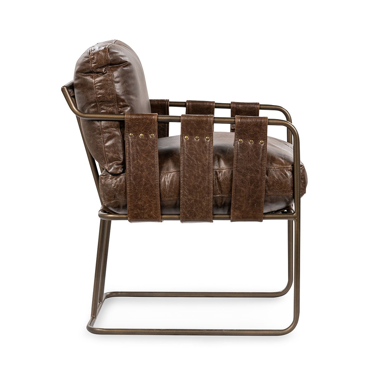 Dark brown leather dining chair with padded seat, tufted back, and metal frame